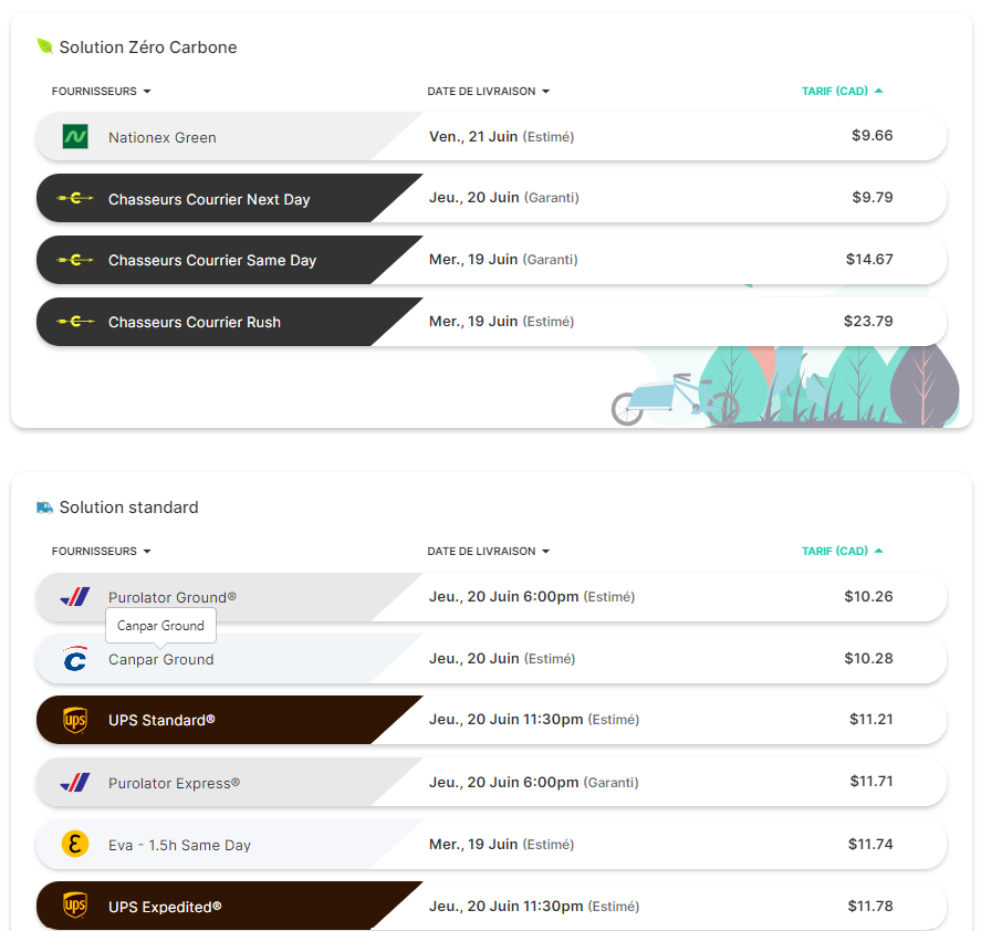 Tableau comparateur de prix Envoi Québec - Livraison zéro carbone